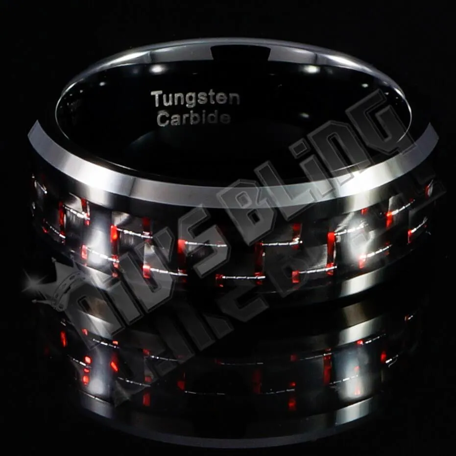 Black and Red Carbon Fiber Tungsten Carbide Ring 8MM