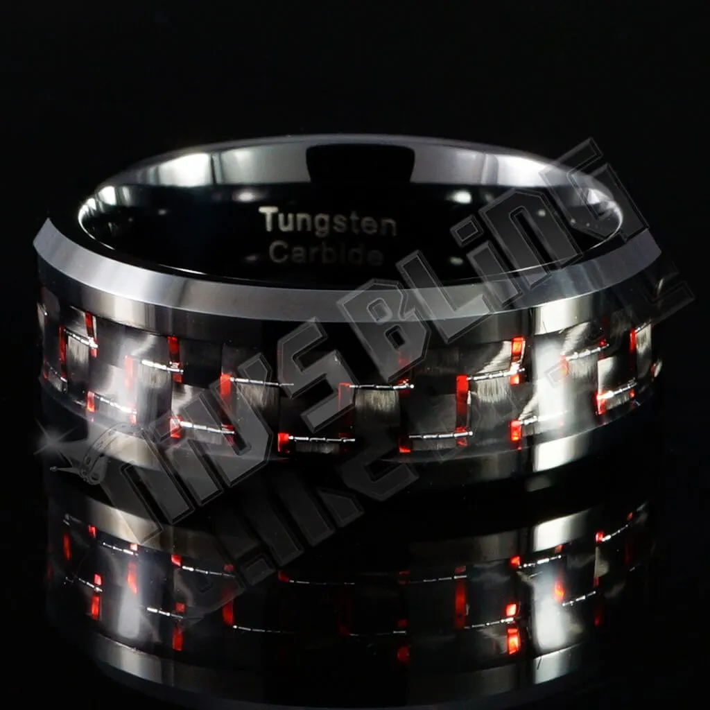 Black and Red Carbon Fiber Tungsten Carbide Ring 8MM