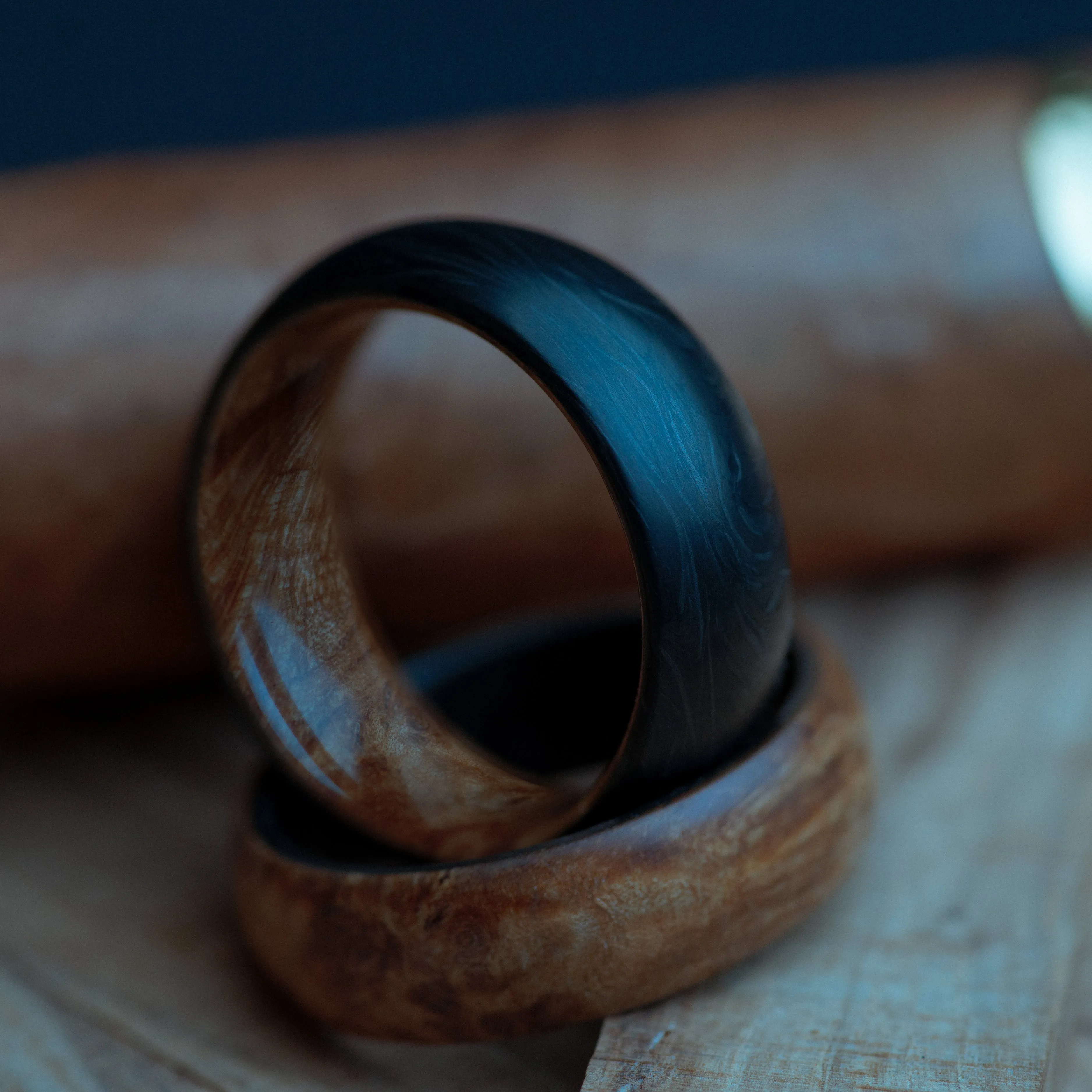 Black Ash Burl and Forged Carbon Fiber Mens Wedding Band