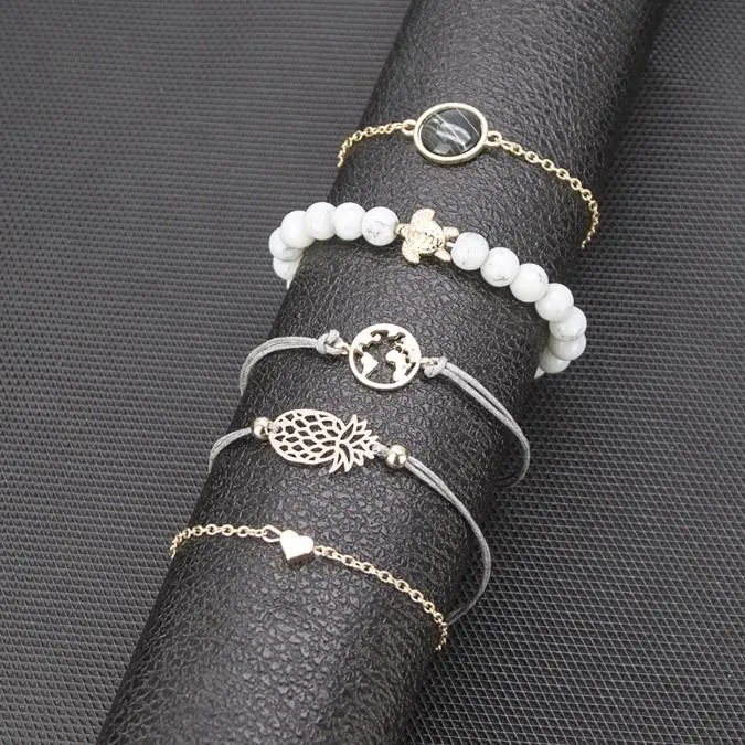 Black Marble Pineapple Bracelet Set - 14K Gold Plated, Hypoallergenic, Italian Design