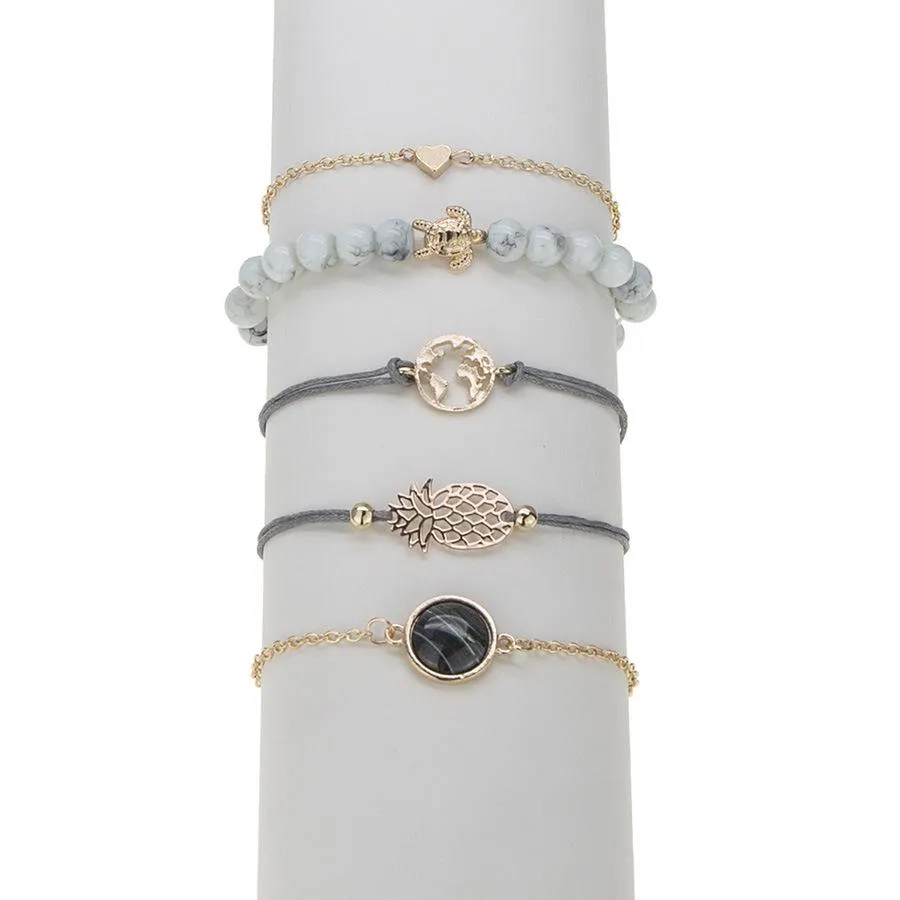 Black Marble Pineapple Bracelet Set - 14K Gold Plated, Hypoallergenic, Italian Design