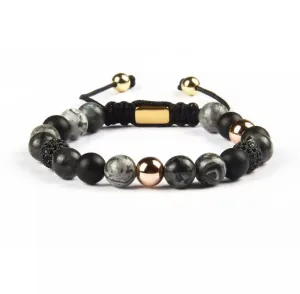 Black Onyx & Picture Jasper CZ Rose Beads Macrame Bracelet