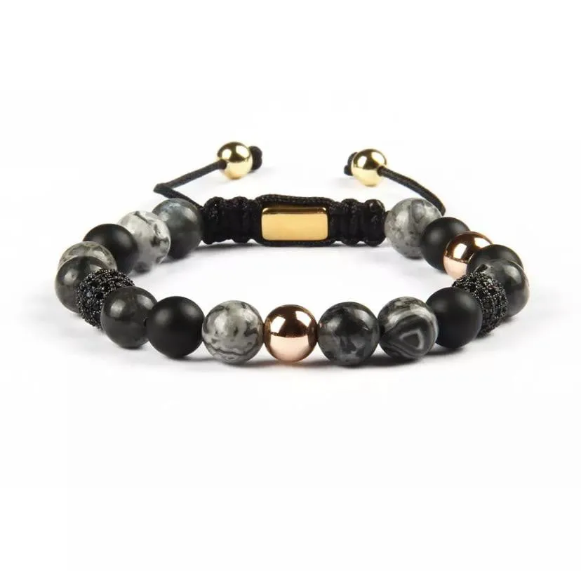 Black Onyx & Picture Jasper CZ Rose Beads Macrame Bracelet