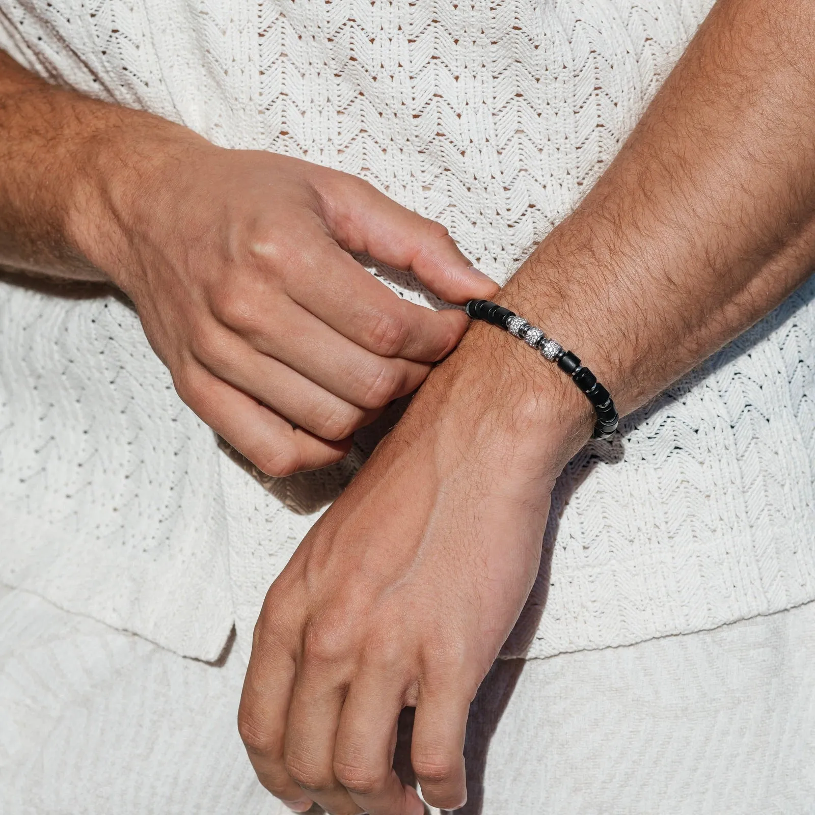 Black Onyx & Silver Cylinder Beads Bracelet