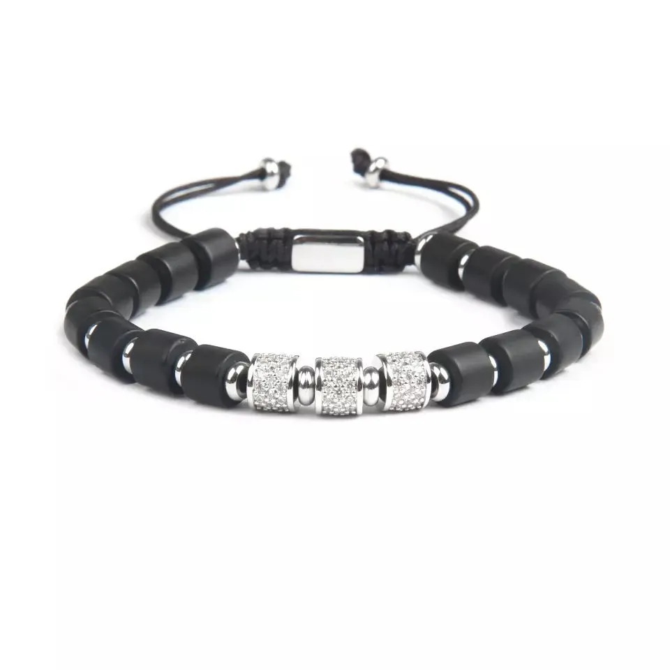 Black Onyx & Silver Cylinder Beads Bracelet