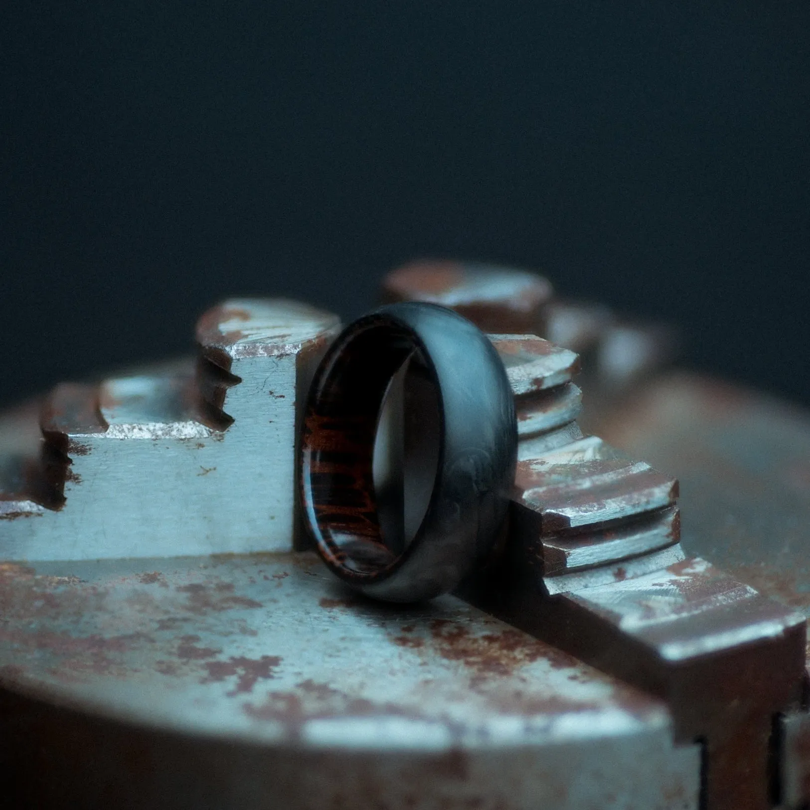 Black Palm Wood and Forged Carbon Fiber Mens Wedding Band