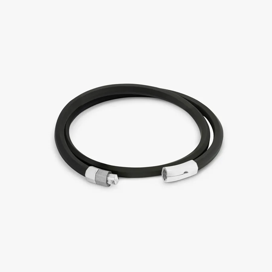 Black Rubber Octagon Click Bracelet With Rhodium-Plated Sterling Silver