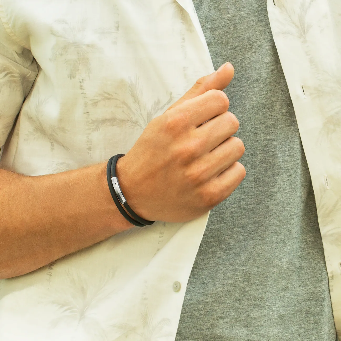 Black Rubber Octagon Click Bracelet With Rhodium-Plated Sterling Silver