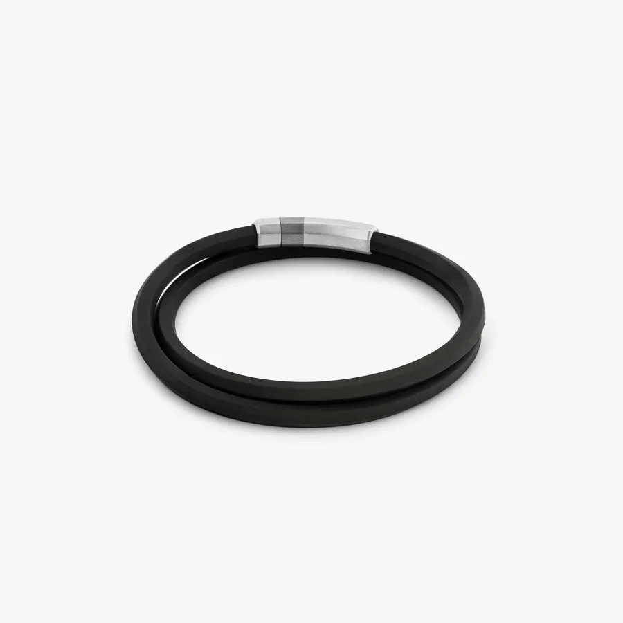 Black Rubber Octagon Click Bracelet With Rhodium-Plated Sterling Silver