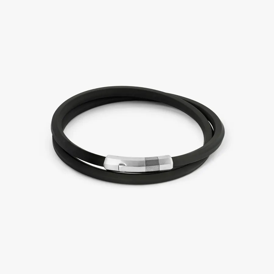 Black Rubber Octagon Click Bracelet With Rhodium-Plated Sterling Silver