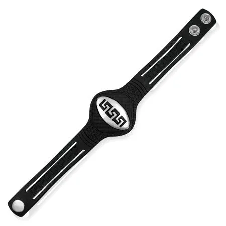 Black Rubber Silicone Snap Bracelet Stainless Steel Greek Key Mens Bracelet