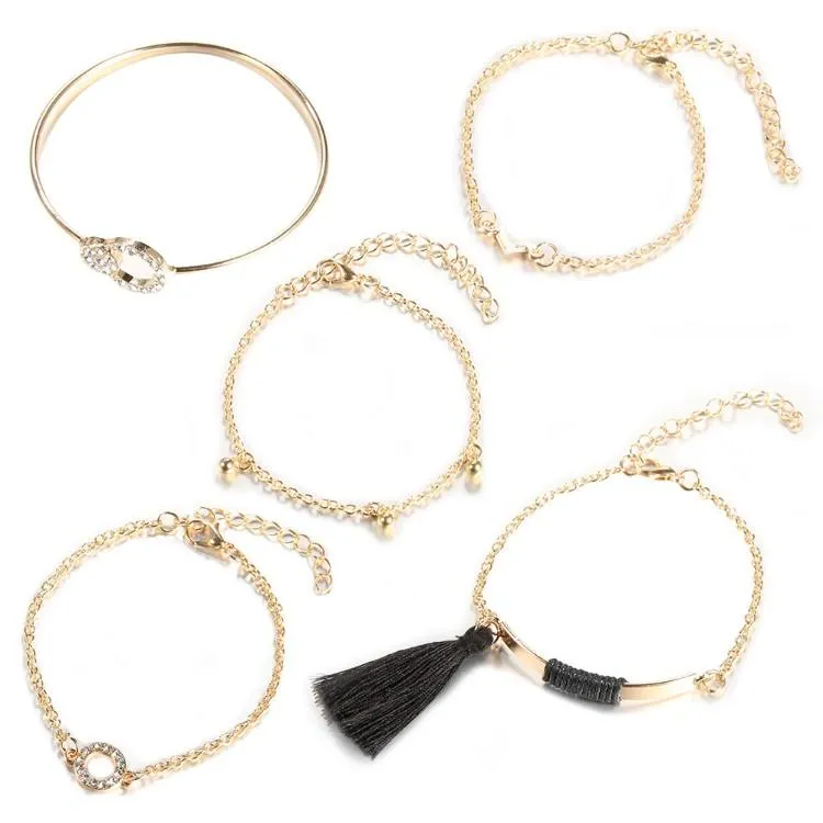 Black Tassel Pav'e Bracelet Set - 14K Gold Plated, White Crystal Pav'e, Hypoallergenic, Italy Design