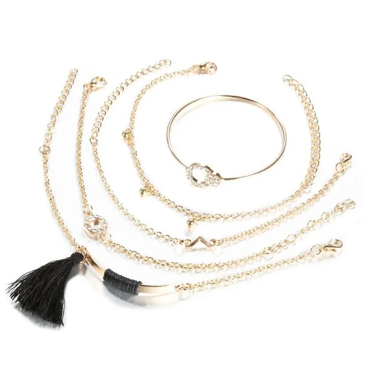 Black Tassel Pav'e Bracelet Set - 14K Gold Plated, White Crystal Pav'e, Hypoallergenic, Italy Design
