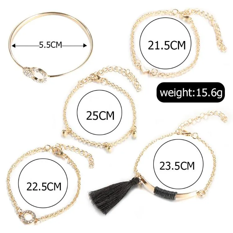 Black Tassel Pav'e Bracelet Set - 14K Gold Plated, White Crystal Pav'e, Hypoallergenic, Italy Design