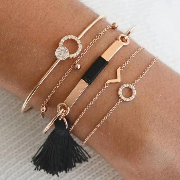Black Tassel Pav'e Bracelet Set - 14K Gold Plated, White Crystal Pav'e, Hypoallergenic, Italy Design