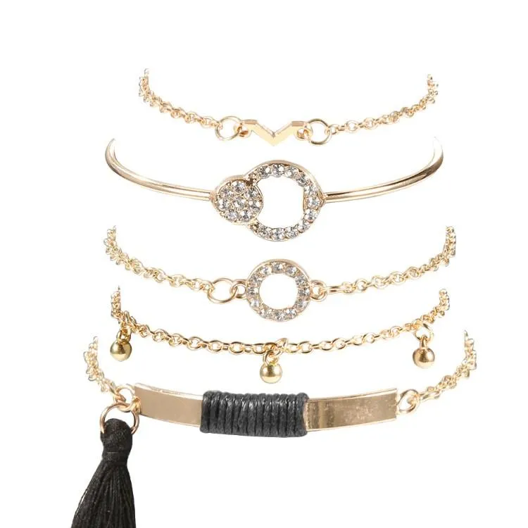 Black Tassel Pav'e Bracelet Set - 14K Gold Plated, White Crystal Pav'e, Hypoallergenic, Italy Design