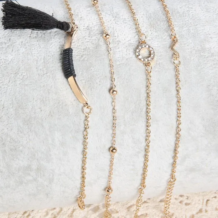 Black Tassel Pav'e Bracelet Set - 14K Gold Plated, White Crystal Pav'e, Hypoallergenic, Italy Design
