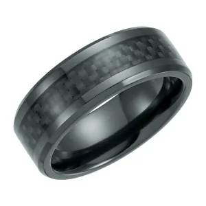 Black Titanium 8mm Beveled Band with Black Carbon Fiber Inlay , Size 11