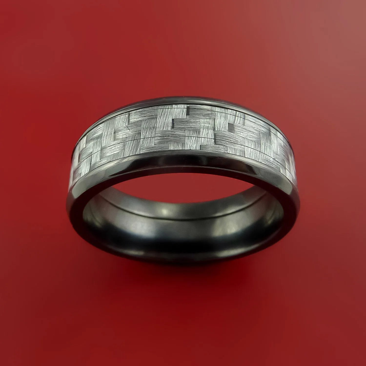 Black Zirconium Ring with Silver Carbon Fiber Inlay Custom Made Band