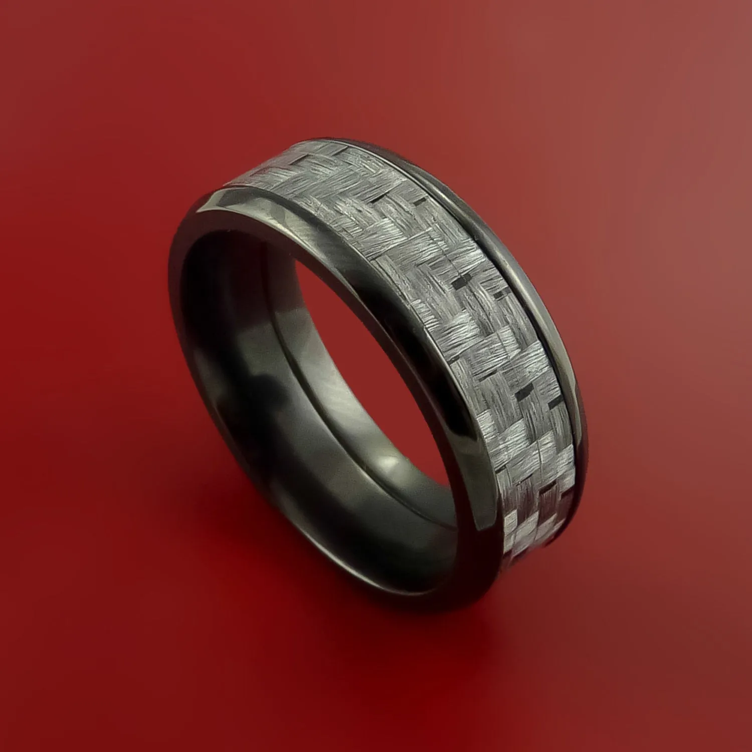 Black Zirconium Ring with Silver Carbon Fiber Inlay Custom Made Band