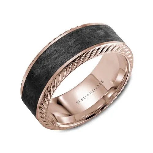 Bleu Royale (7.5mm) 14K Rose Gold and Black Carbon Roped Edges Mens Band