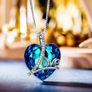 Blue Heart Shaped Elements Necklace - 14K White Gold Plated, 18.50 Inches, Hypoallergenic, Imported from Italy