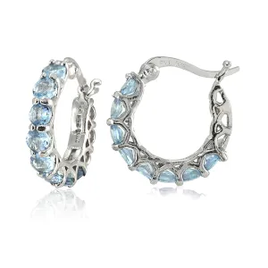 Blue Topaz Gemstone French Lock Hoop Earrings in 18K White Gold Plating - Certified, Hypoallergenic, Made in Italy