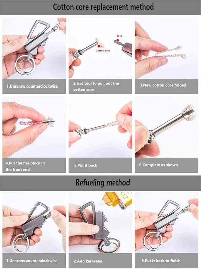 BOLLAER Keychain Flint Metal Matchstick Fire, Car Key Rings, Kerosene Refillable Lighter, EDC Best Gift Ideas and BBQ Camping Emergency Survival Gear for Men Women