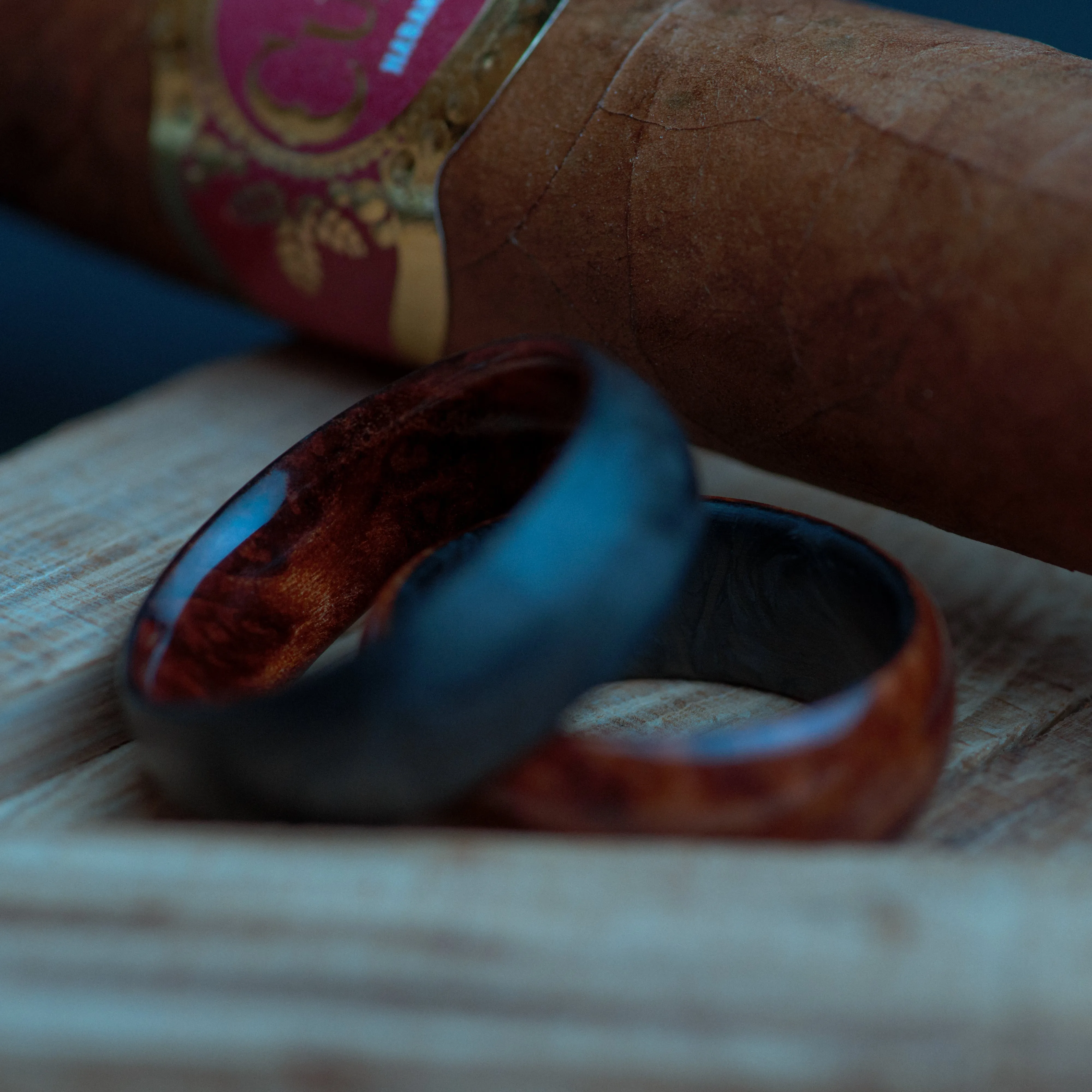 California Redwood Burl and Forged Carbon Fiber Mens Wedding Band