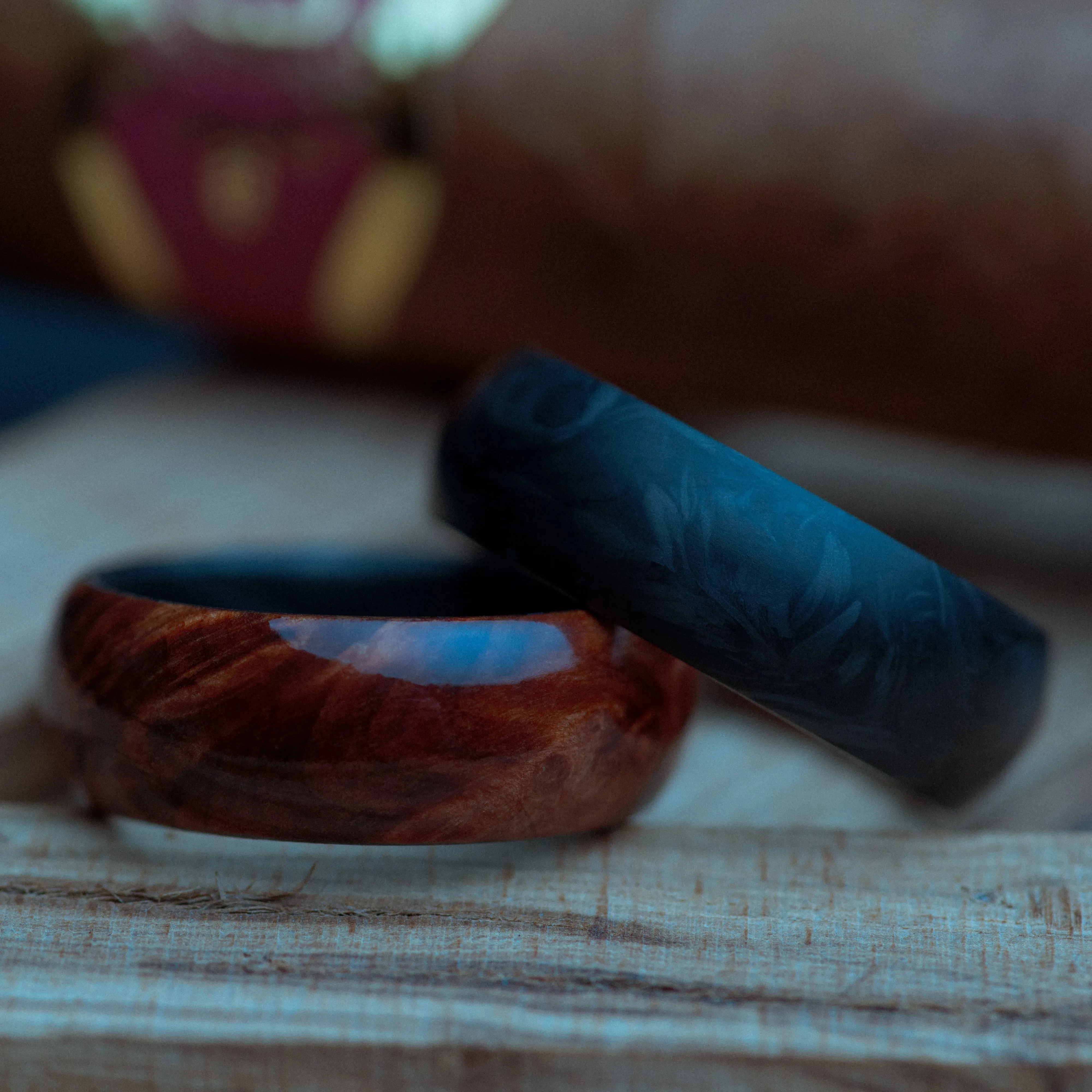 California Redwood Burl and Forged Carbon Fiber Mens Wedding Band