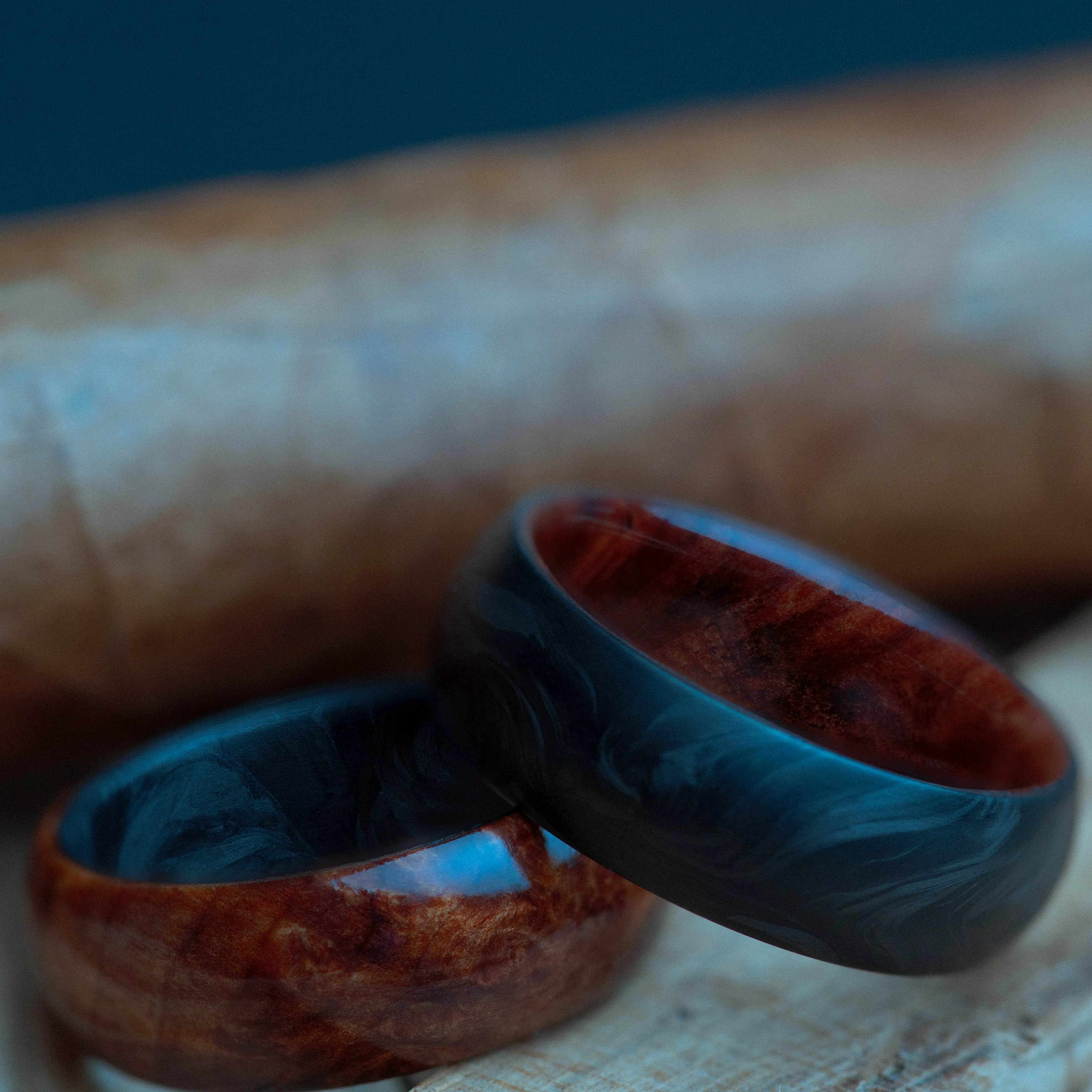 California Redwood Burl and Forged Carbon Fiber Mens Wedding Band