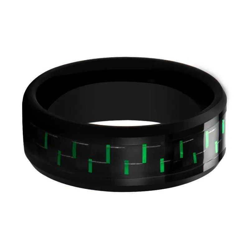 CARBONOX | Black Tungsten Ring, Green Carbon Fiber Inlay, Beveled