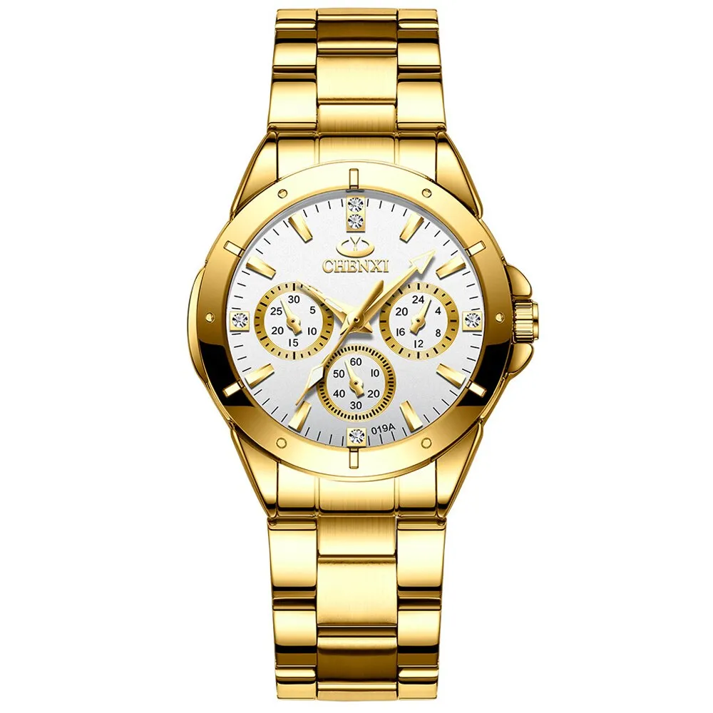CHENXI Top Luxury Brand Lovers Quartz Watch Golden Stainless Steel WristWatches for Men Women Analog Sports waterproof Watches