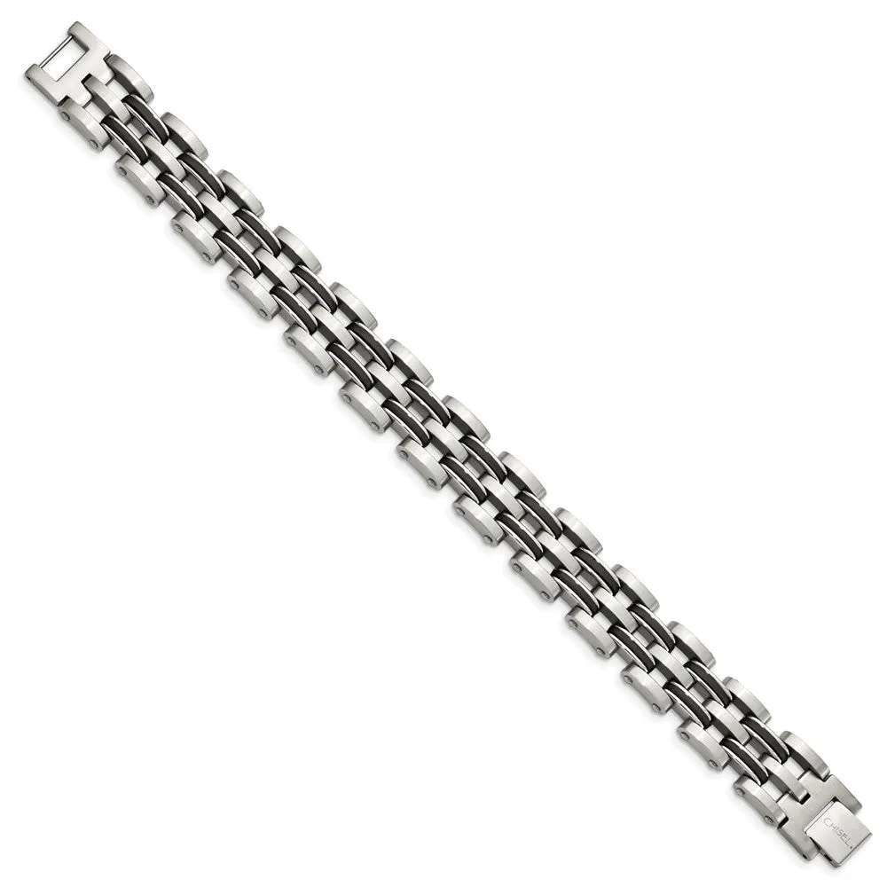Chisel Stainless Steel Brushed and Polished with Black Rubber 9.25 inch Link Bracelet