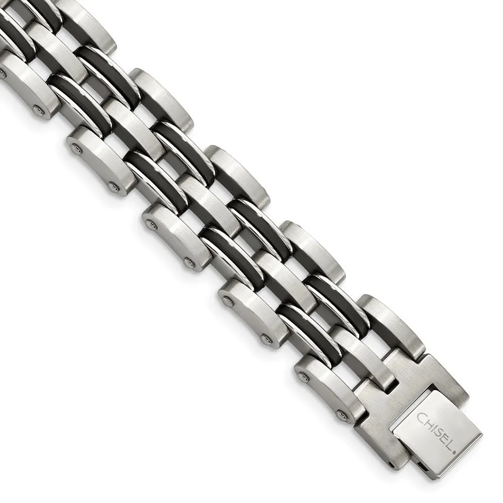 Chisel Stainless Steel Brushed and Polished with Black Rubber 9.25 inch Link Bracelet