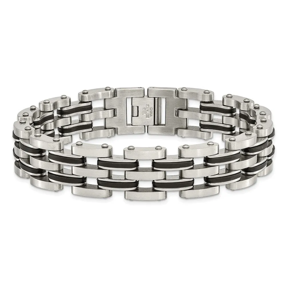 Chisel Stainless Steel Brushed and Polished with Black Rubber 9.25 inch Link Bracelet