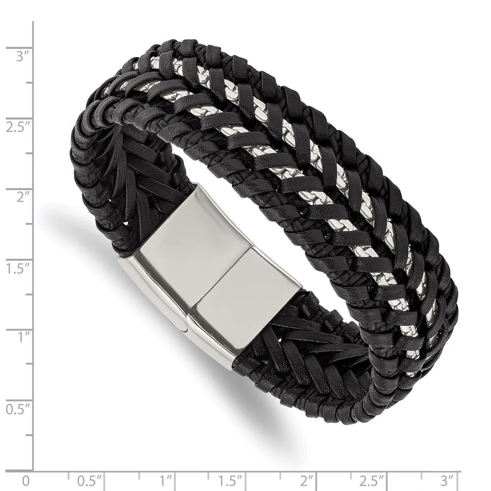 Chisel Stainless Steel Polished Black Woven Leather and Chain 8.5 inch Bracelet