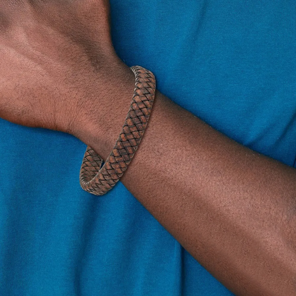 Chisel Stainless Steel Polished Brown Braided Leather 11.50mm 8.5 inch Bracelet