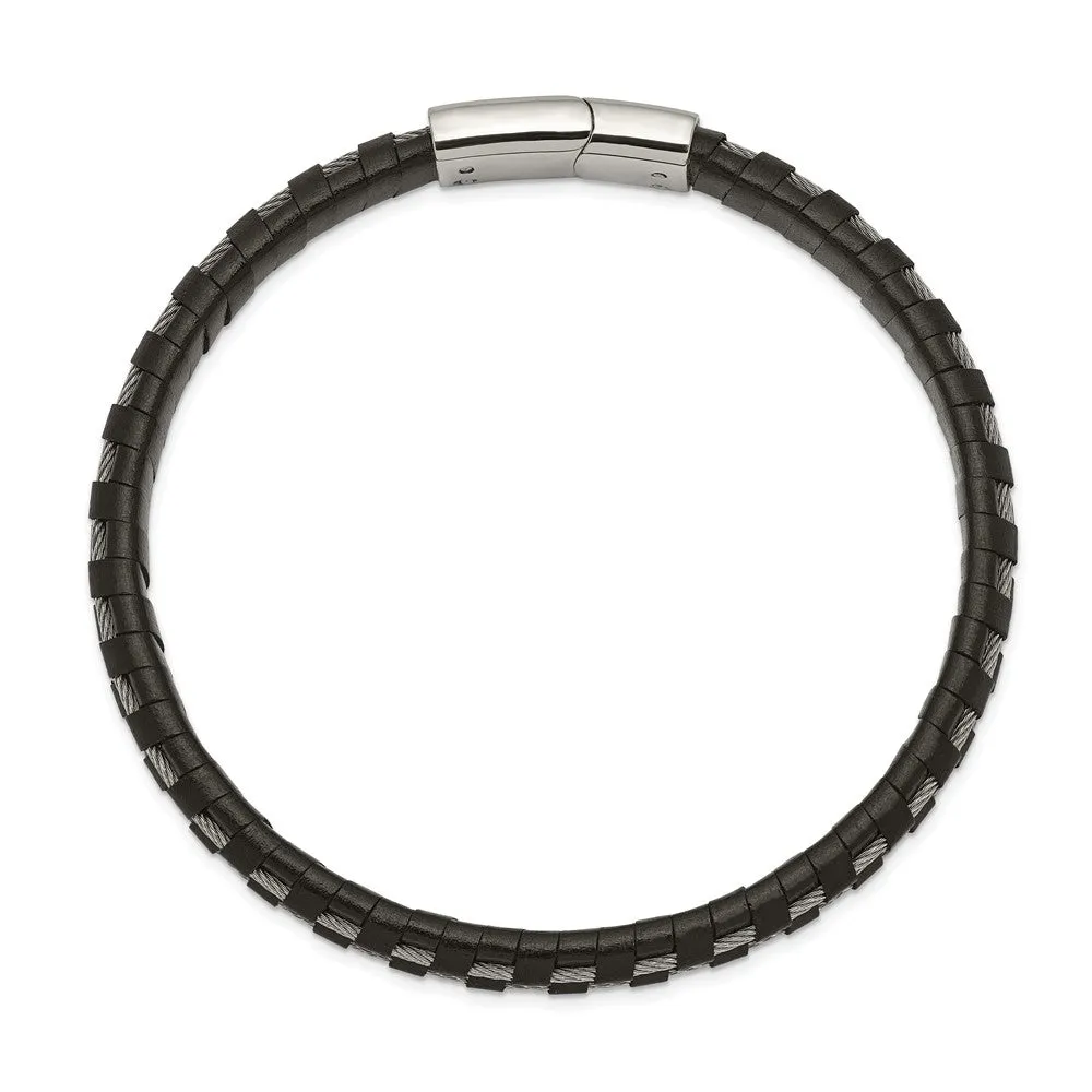 Chisel Stainless Steel Polished Cable and Black Leather 8.75 inch Bracelet