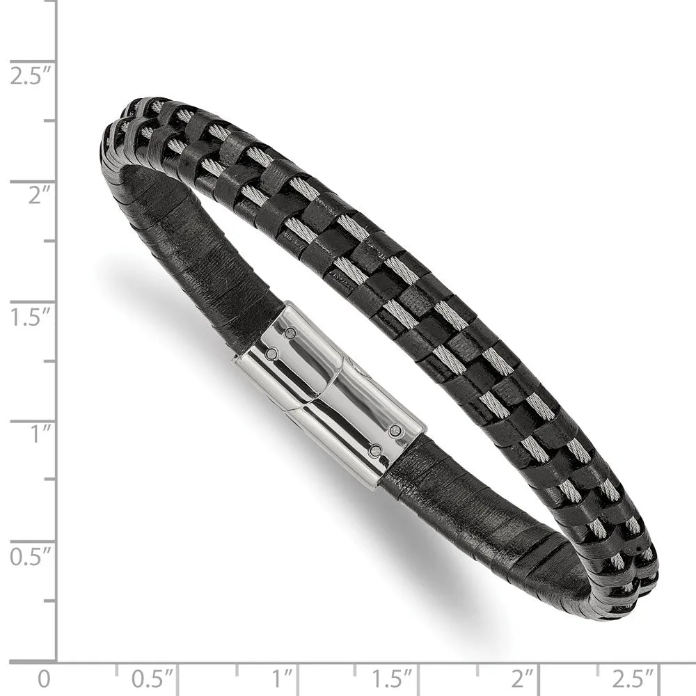 Chisel Stainless Steel Polished Cable and Black Leather 8.75 inch Bracelet