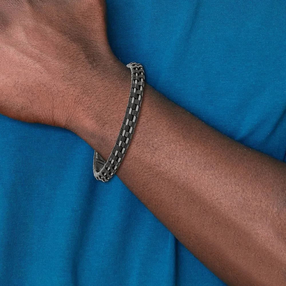 Chisel Stainless Steel Polished Cable and Black Leather 8.75 inch Bracelet