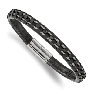 Chisel Stainless Steel Polished Cable and Black Leather 8.75 inch Bracelet