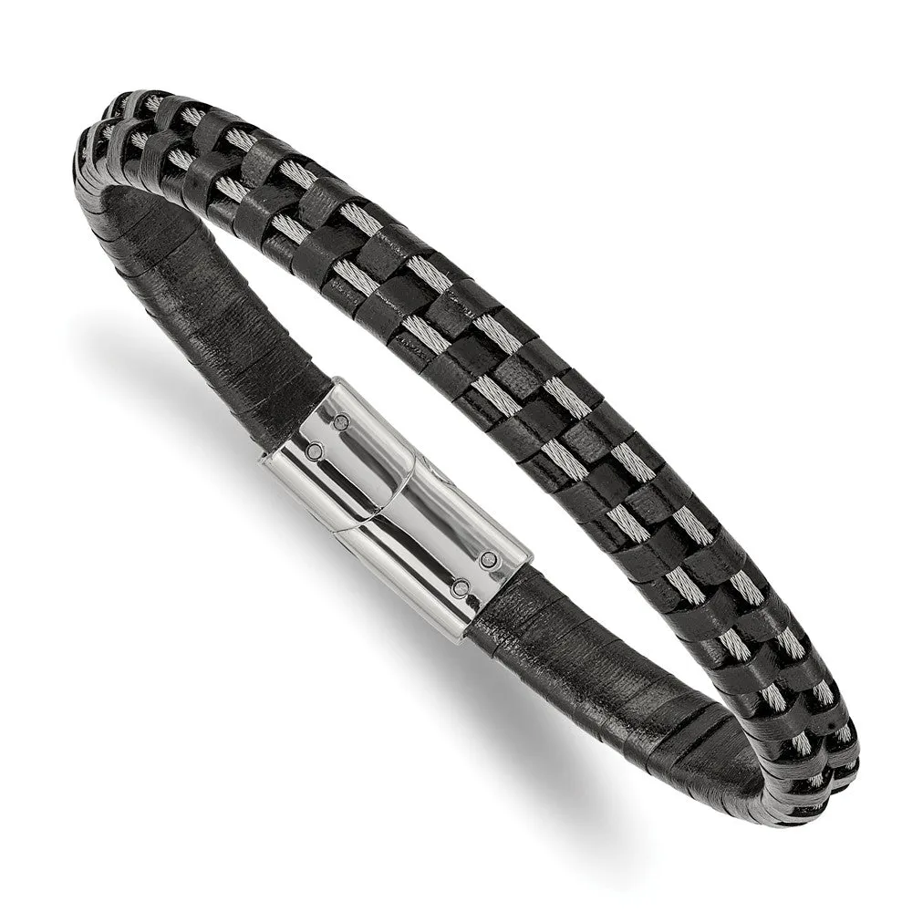 Chisel Stainless Steel Polished Cable and Black Leather 8.75 inch Bracelet
