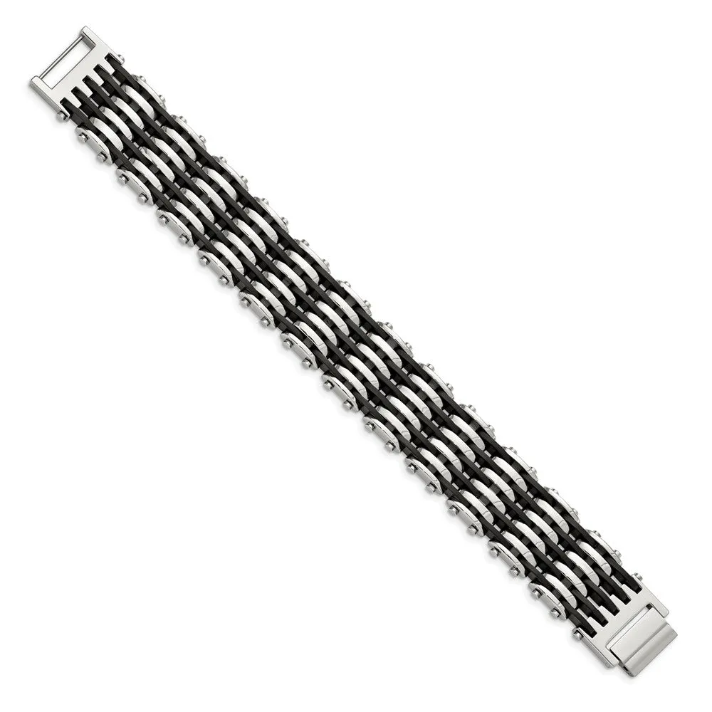 Chisel Stainless Steel Polished with Black Rubber 8.5 inch Bracelet