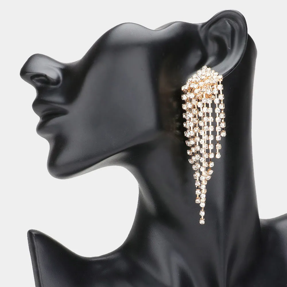 Clear Rhinestone Waterfall Fringe Pageant Clip On Earrings on Gold | Clip On Prom Earrings |  422684
