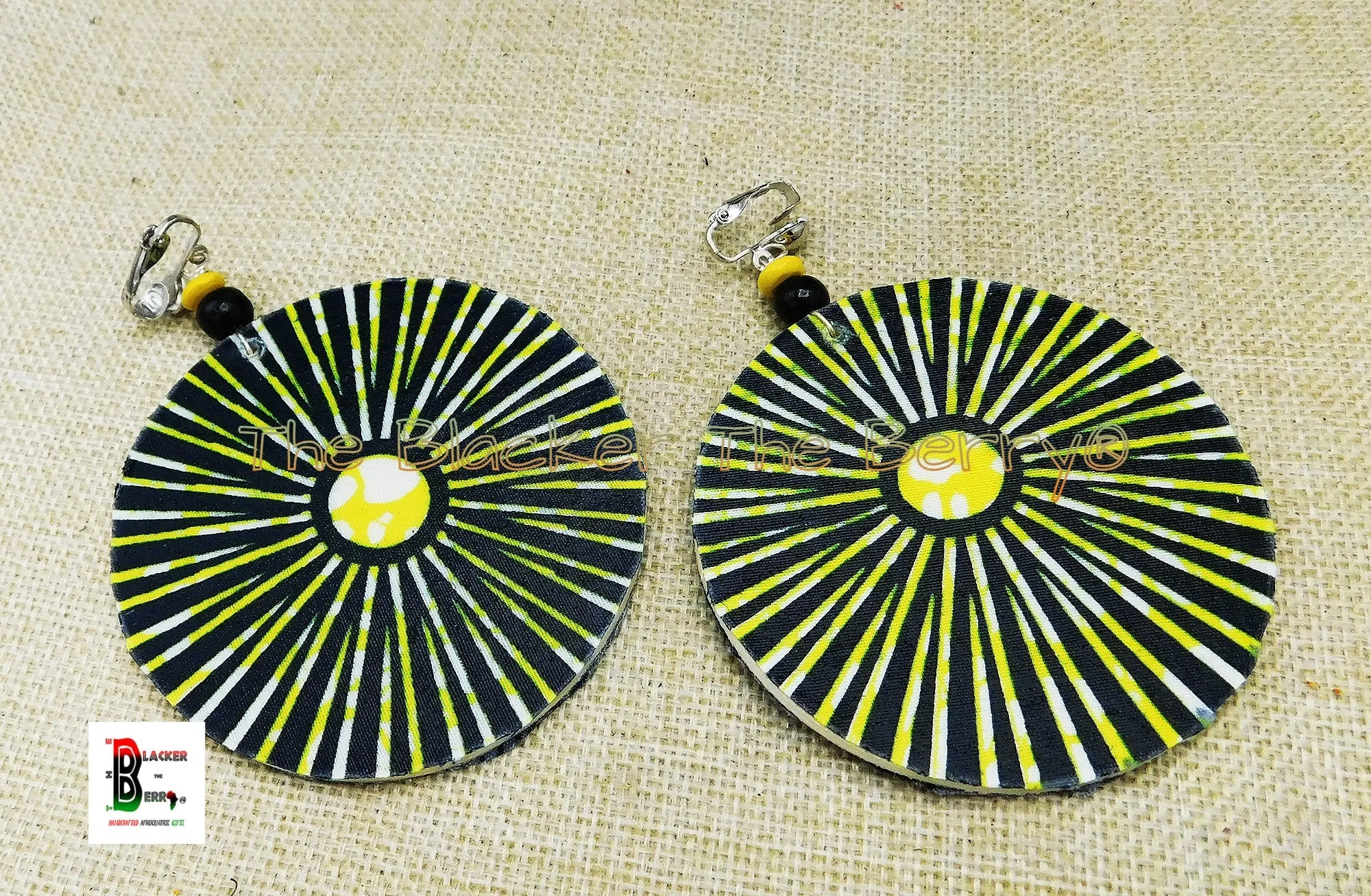 Clip On Earrings Ankara Jewelry Yellow Black Silver Beaded Handmade Black Owned