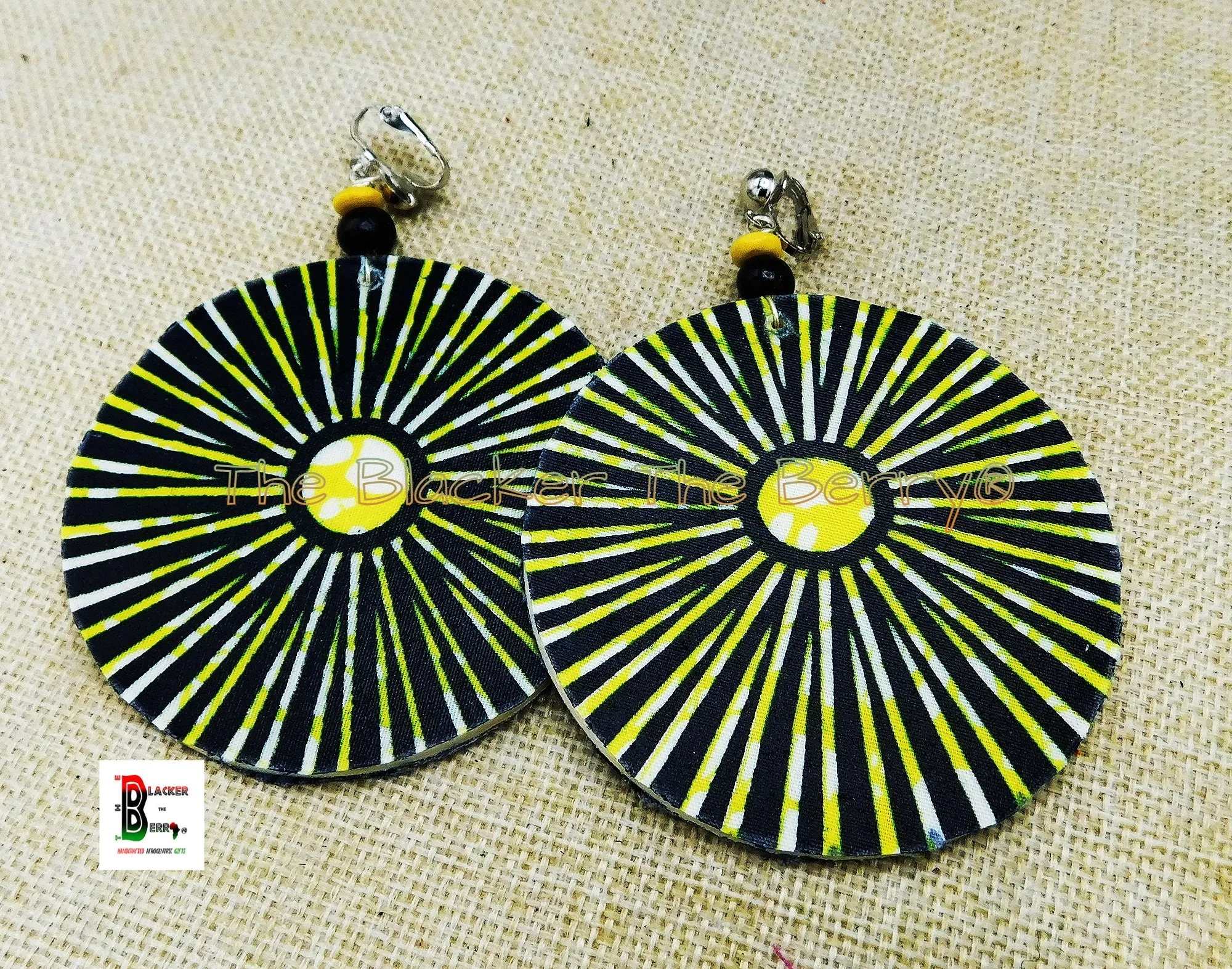 Clip On Earrings Ankara Jewelry Yellow Black Silver Beaded Handmade Black Owned