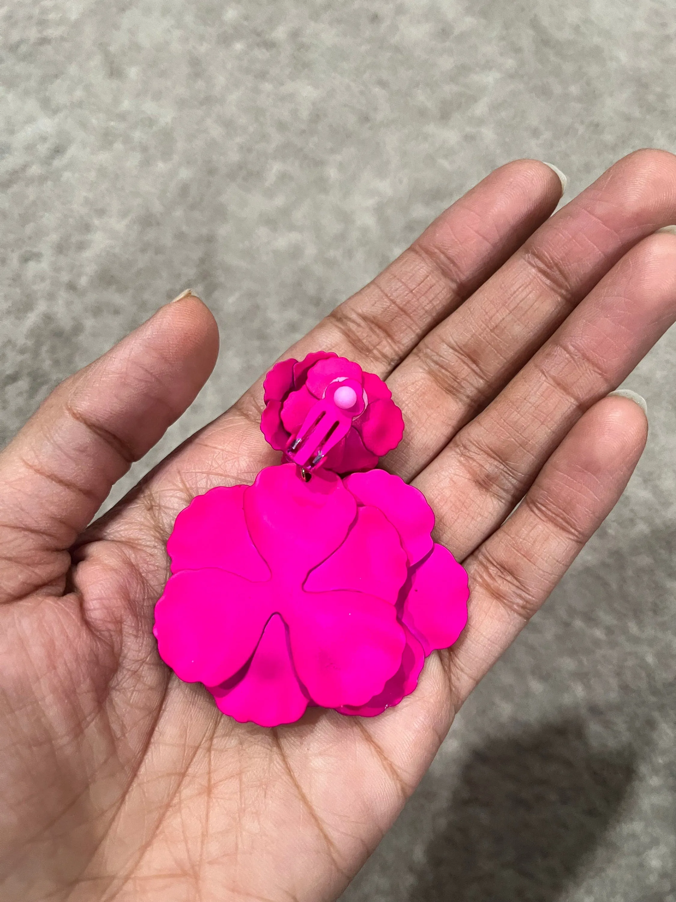 Clip on Hot pink  earrings, clip on flower fuchsia earrings, clip on pink earrings, clip on fuchsia earring 2.5 inch