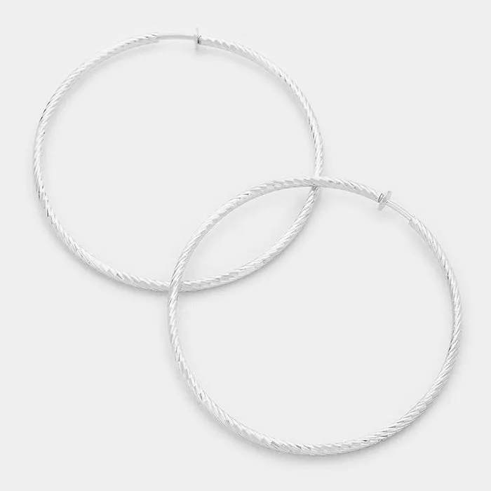 Clip On Textured Silver Hoops | 3" | 142488
