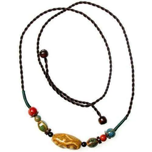 Colorful Ceramic Bead And Hemp Cord Adjustable Necklace